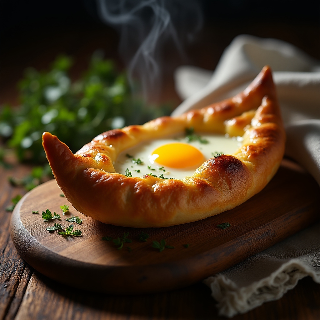Аджарский хачапури с яйцом и маслом на деревянной доске